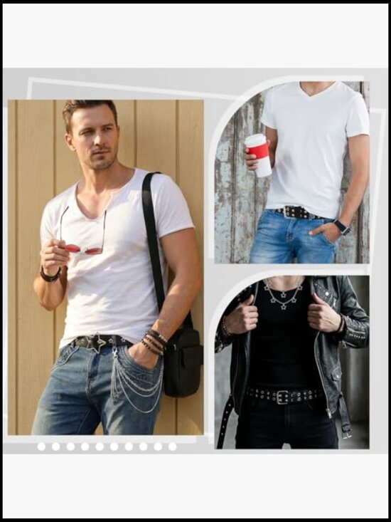 Studded Belt with Chain Star Double Grommet Waist Chains Faux Leather main image 4